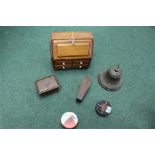 Mixed lot to include a miniature bureau, a wooden box, pen knives, a bell and coffin shaped box (