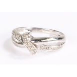 9 carat white gold diamond set ring, with cross over design, ring size M