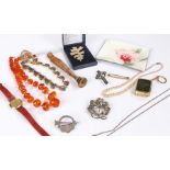 Mixed items, to include an amber style necklace, a watch, a silver brooch, necklace, etc, (qty)