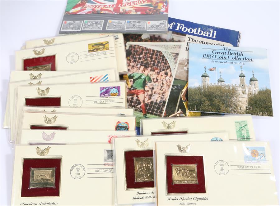 Stamps and coins, to include USA first day covers, Football legends UK stamps, 100 years of football