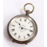 Silver open face pocket watch, with a white enamel dial and Roman hours, the case 38mm diameter