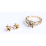 9 carat gold ring, lacking the central stone, together with a pair of 9 carat gold ear studs,