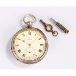 Silver openface pocket watch, Kay' Challenge, with a white enamel dial, Roman hours and subsidiary