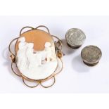 Cameo brooch, carved with two figures by a basket and a cherub, together with two buttons