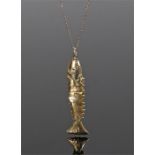 14 carat gold pendant necklace, the pedant as an articulated fish attached to the chain, the fish