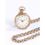 14ct gold cased ladies open faced pocket watch, the dial with Arabic numerals and gilt seconds