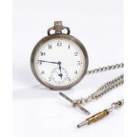Silver open face pocket watch, the dial with Roman numerals and subsidiary seconds dial, the case