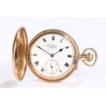 J.W. Benson 9 carat gold cased hunter pocket watch, the case enclosing a white enamelled dial with