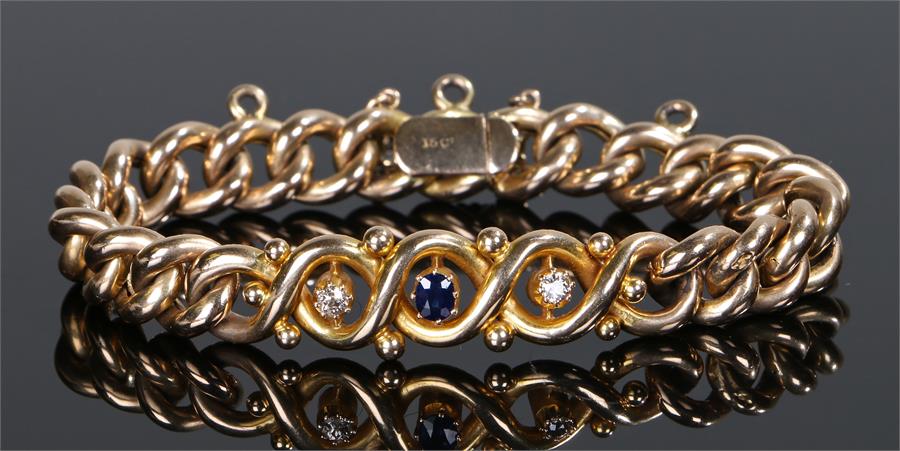 15 carat gold diamond and sapphire bracelet, the bracelet set with a central sapphire flanked by two