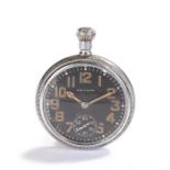 Waltham military open face pocket watch, the black signed dial with Arabic luminous hours and