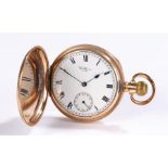 Waltham gold plated hunter pocket watch, the signed dial with Roman numerals and subsidiary