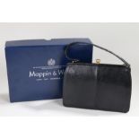 Mappin & Webb black leather handbag, with gilt clasp, in original box