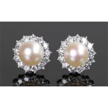 Pair of diamond and pearl set earrings, the studs with a central pearl and diamond surround, 13mm