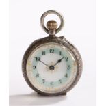 Ladies continental silver cased pocket watch, the white and turquoise dial with gilt and silver leaf