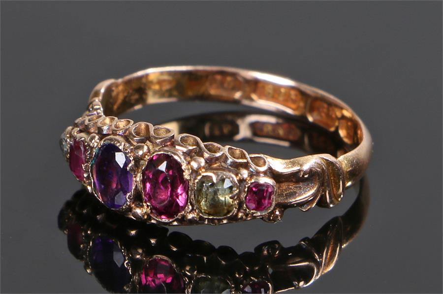 15 carat gold "REGARD" ring, set with ruby, emerald, garnet, amethyst and diamond to spell regard,