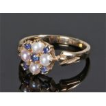 9 carat gold pearl and sapphire set ring, with five sapphires and four pearls to the head, ring size