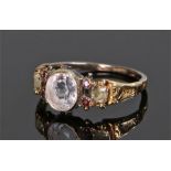 Victorian topaz ring, with a central pink topaz flanked by garnets, ring size O