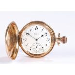 Elgin 9 carat gold hunter pocket watch, the monogrammed case enclosing a white enamel dial with