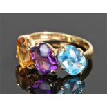 18 carat gold zircon amethyst and citrine set ring, with the three gemstones to the head, ring