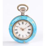 Continental white metal ladies pocket watch, the case with turquoise enamel decoration with gilt