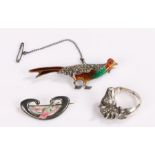 Silver jewellery, to include an enamel and marcasite game bird, a horse head ring and an enamel bird