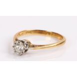 18 carat gold diamond ring, with a round cut diamond and gold shank, M