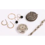 Silver ladies wristwatch, together with a watch chain section and a locket, also together with
