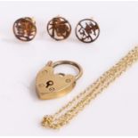 9 carat gold jewellery, to include three earrings, a padlock clasp and a chain, 3.8 grams