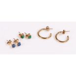 9 carat gold earrings, to include a loop pair and two pairs set with stones