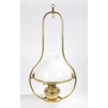 Large hanging oil lamp, brass frame and burner, opaque glass shade