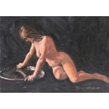 Thomas Barry Hudson (B1943), "Reflective", study of a lying female nude looking into a silver