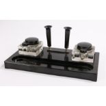 Bex black Bakelite inkstand, with two inkwell, two pen holders and a dished front section, A Bex