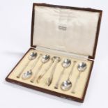 Omar Ramsden set of six silver teaspoons and matching sugar tongs, London 1927, the spoons with seal
