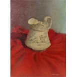 Moira Doggett (B1927), still life study of a white jug with raised figural decoration on a red
