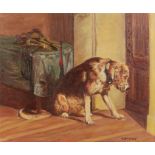 B Bailey (Contemporary) Waiting for his master, signed oil on board, 54cm x 44cm