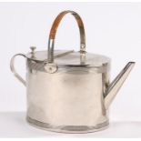 W.M.F. white metal teapot, with cane wrapped swing handle, the body of oval form with ribbed
