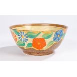 Clarice Cliff Canterbury Bells pattern bowl, the exterior with mottled brown ground and cartouches