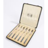 Set of six Liberty and Co silver cake forks, Birmingham 1935, the two tined forks with blue and