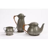 Liberty and Co Tudric English pewter teapot, hot water jug and sugar bowl, A/F (3)