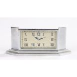 Art Deco chromed desk clock, the rectangular case with pointed angles, a Swiss signed dial with