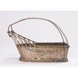 Silver plated wine bottle carrier, with twisted handle and basket weave lower section, 25cm wide,