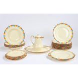 Grindley Chameleon pattern dinner service, with polychrome borders, comprising oval meat plate,