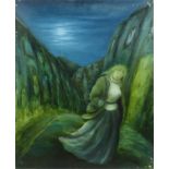 Moira Doggett (B1927), figure in a moonlit valley with town to the rear, oil on canvas, 45.5cm x