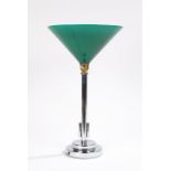 Art Deco reading lamp in the form of a martini glass, the green and white tapering glass shade above