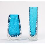 Whitefriars kingfisher blue glass square 'Nailhead' vase, from the textured range, designed by