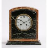 Art Deco two tone marble mantel clock, the enamel dial with Arabic numerals, on a plinth base, AF,