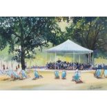 Mike Richardson, park bandstand with band playing and deckchairs, signed watercolour, housed in a