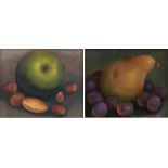 George Reekie, still life study of a green apple and nuts, the other depicting a pear and red