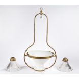 Hinks brass hanging lamp with white glass shade, 72cm high by 38cm wide, two ribbed clear class