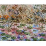 Manner of James Lawrence Isherwood, Lilly's in a pond, unsigned acrylic on board, 50cm x 39cm